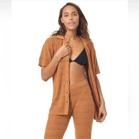 L*Space NWOT Marbella Cotton Knit Button Down Top Swim Cover Up In Brown- Size M - Picture 8 of 9